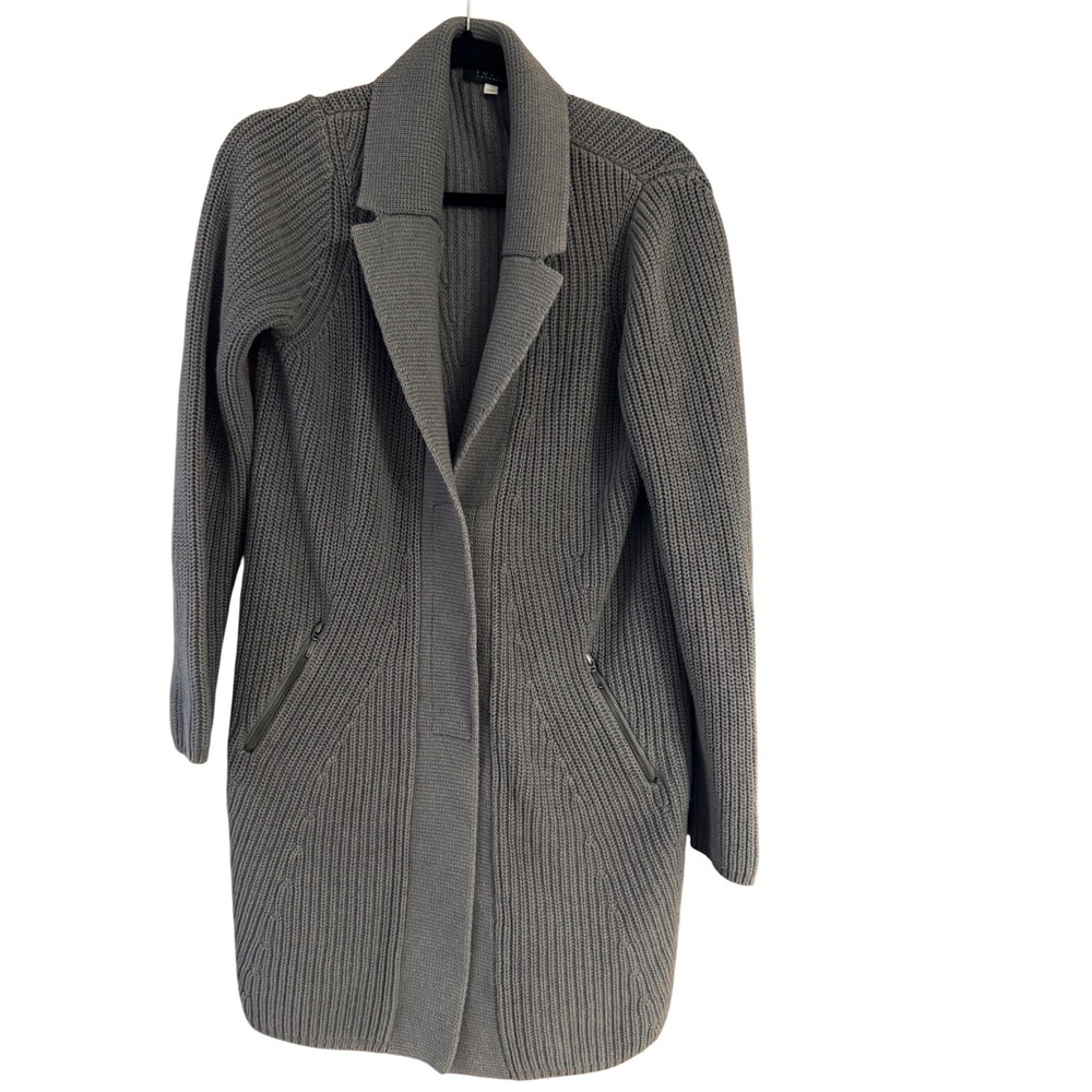 Forte Cashmere Grey Ribbed Knit Longline Cardigan Coat 100% Cotton Sz M